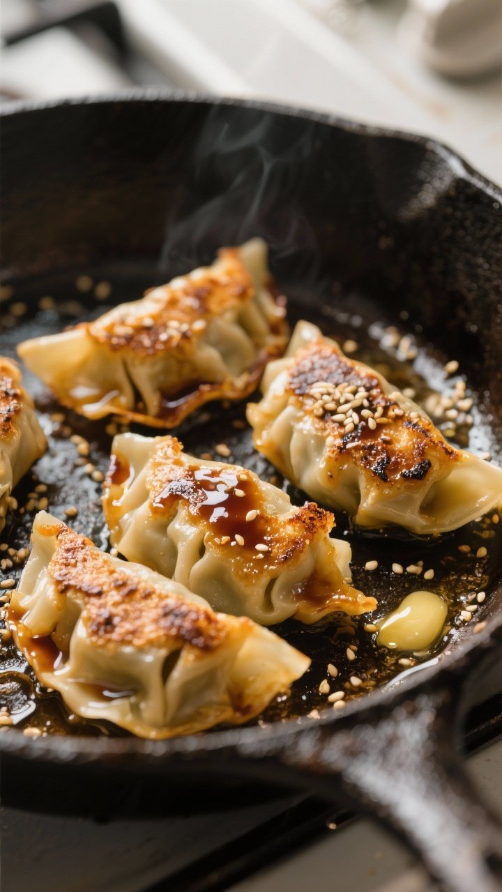 Cooking process, close-up detail: Smashed gyozas sizzling in a well-seasoned cast-iron skillet right