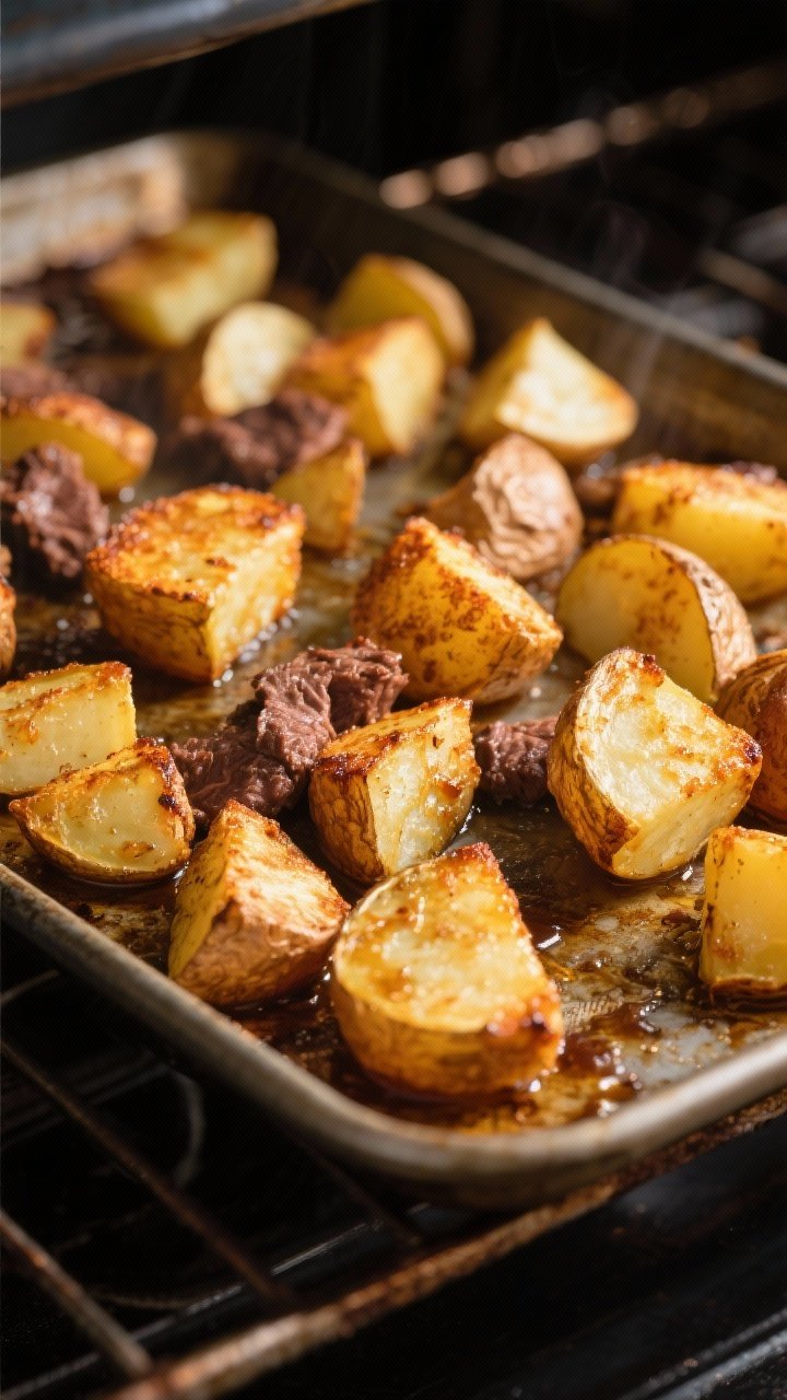 Cooking process, close-up detail: Ultra-crispy beef tallow potatoes sizzling on a preheated heavy sh