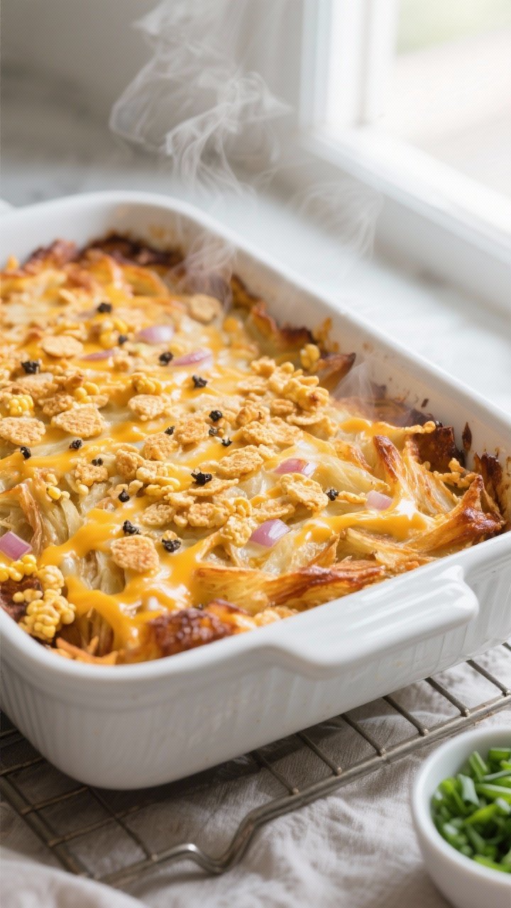 Cooking process close-up: Golden, bubbling hashbrown casserole just pulled from the oven in a 9x13 w