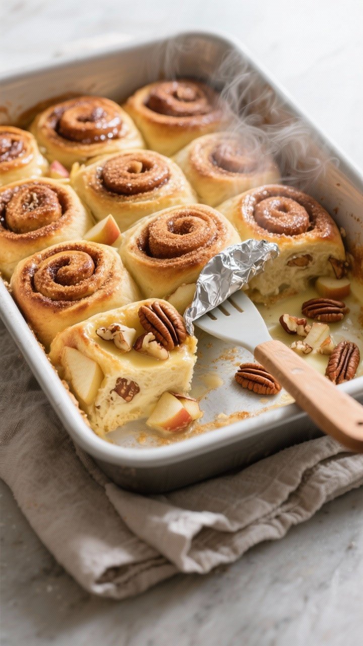 Cooking process, overhead: A 9x13-inch baking dish filled with quartered, baked cinnamon roll pieces