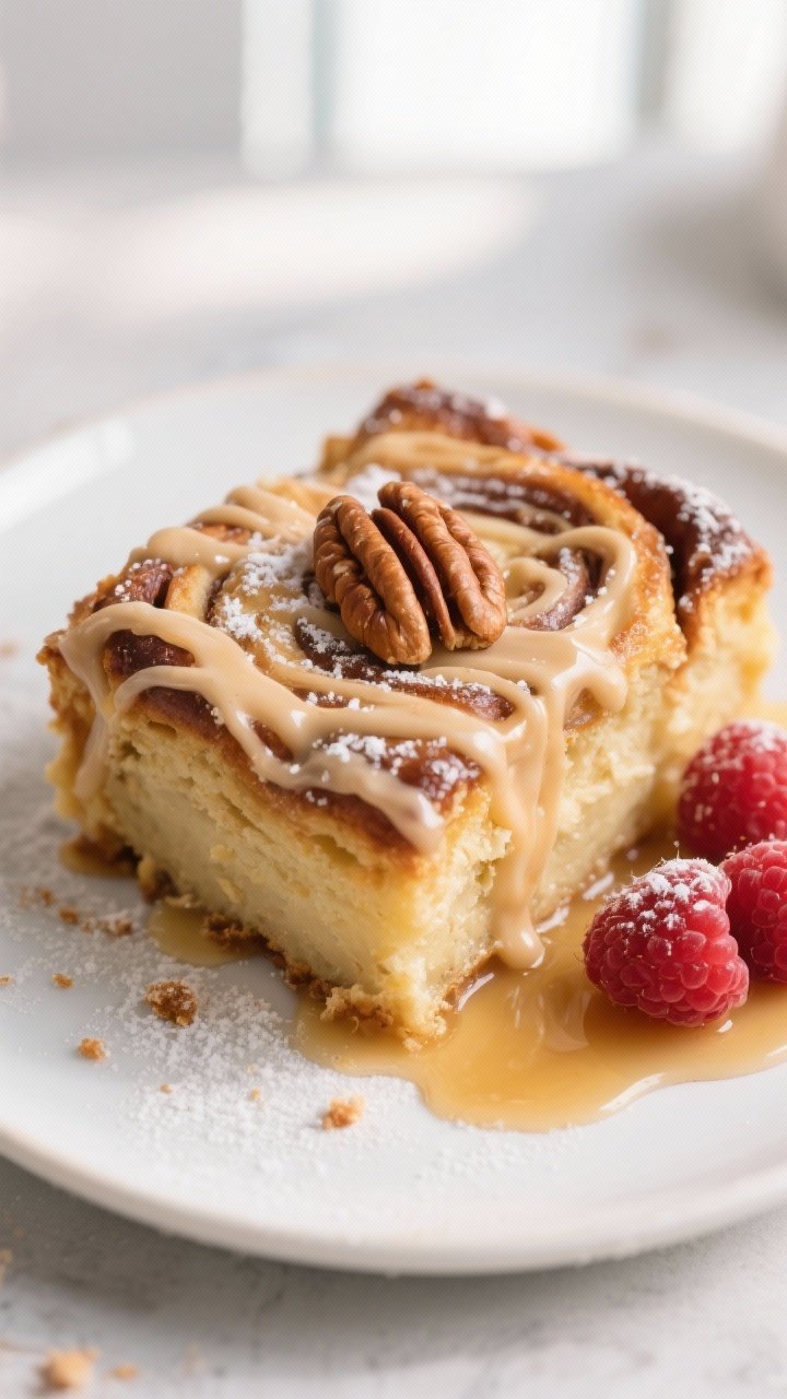 Final dish, close-up detail: Ultra-tight shot of a warm square of Cinnamon Roll Casserole on a matte