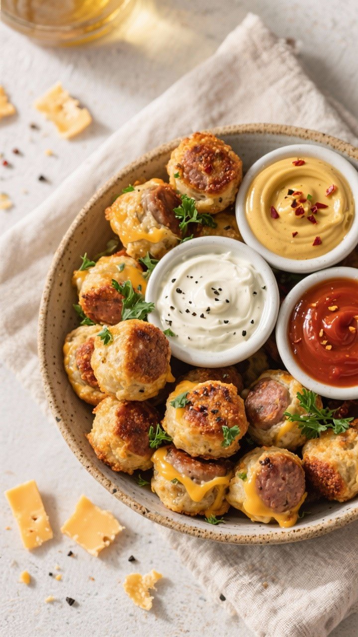 Final dish, tasty top view: Overhead shot of a heaping platter of baked sausage balls arranged in a