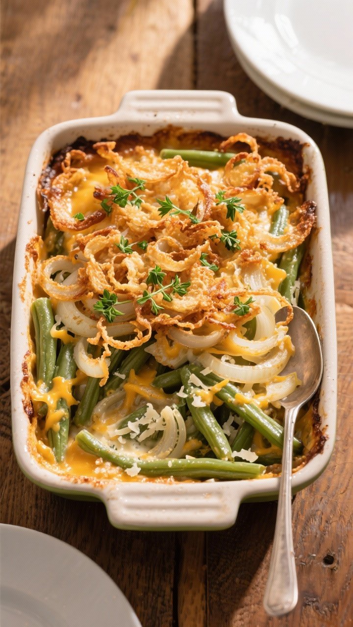 Final dish, tasty top view: Overhead shot of a just-baked green bean casserole in a 9x13 ceramic bak