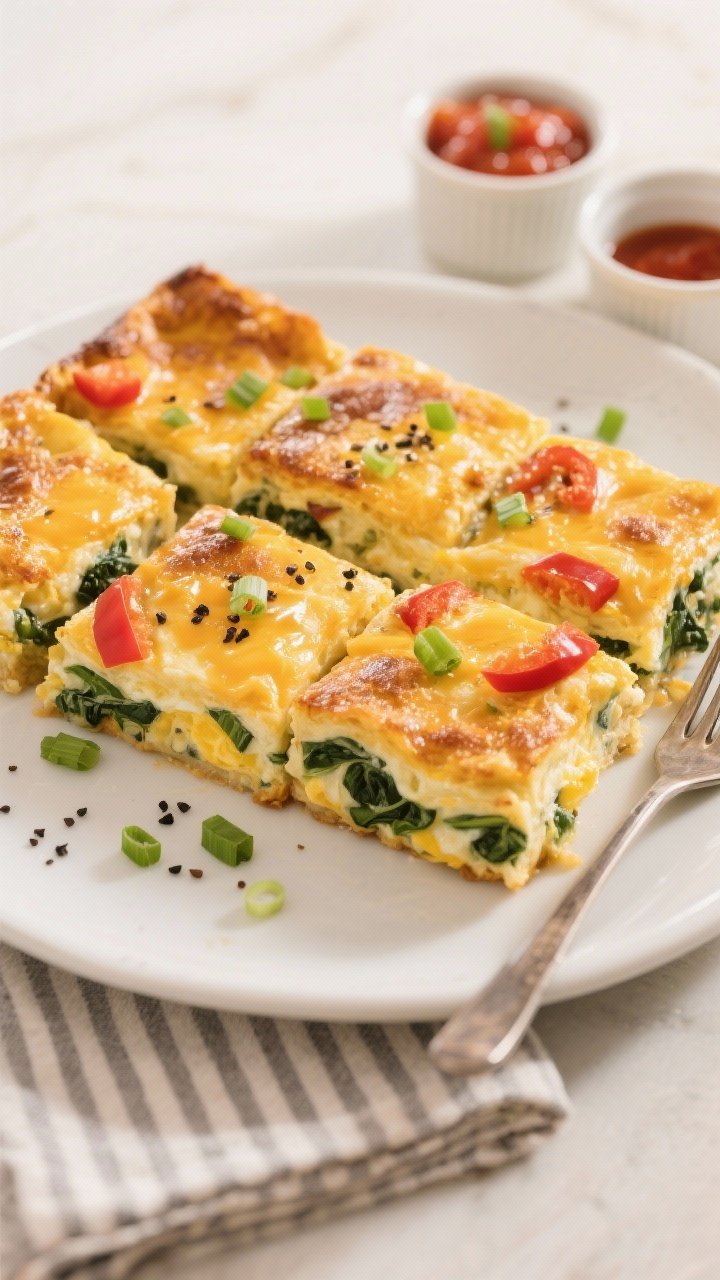 Final dish, tasty top view: Overhead shot of neatly sliced squares of the finished breakfast cassero