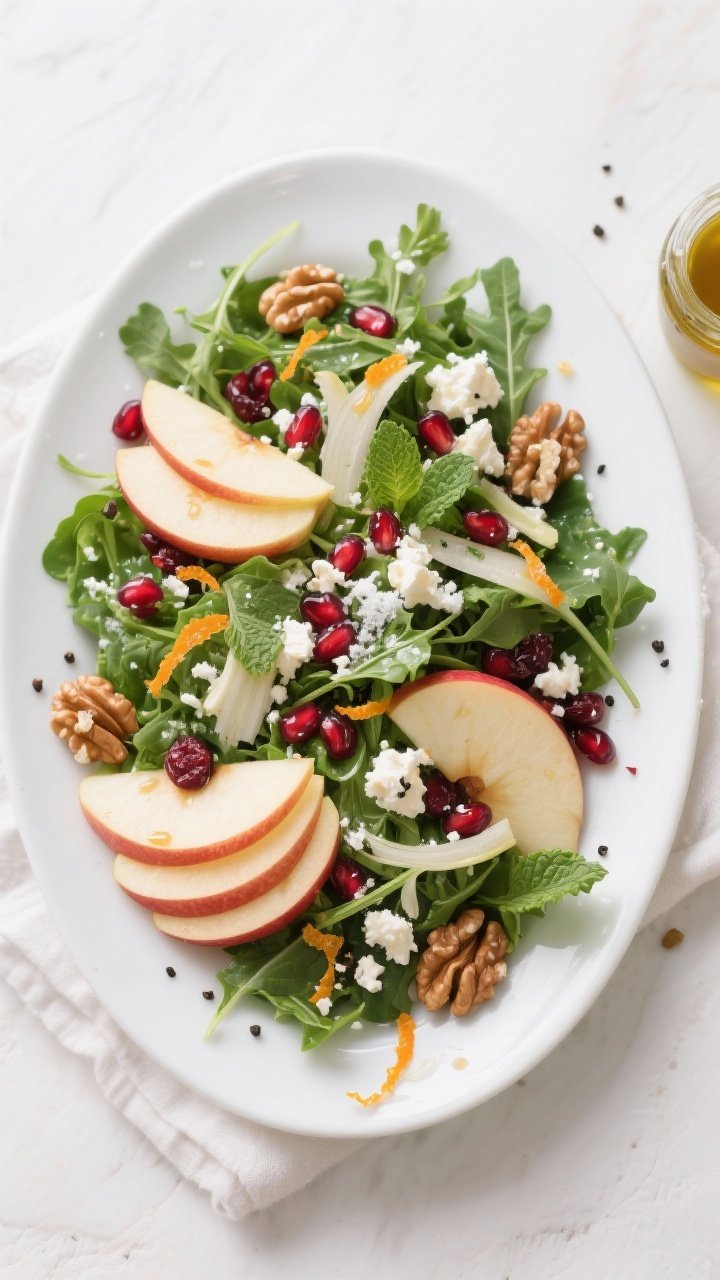 Final dish, tasty top view: Overhead shot of the Christmas Salad on a wide, shallow white platter—