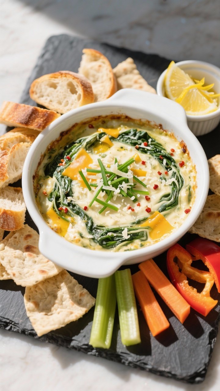 Final dish, tasty top view: Overhead shot of the finished spinach artichoke dip in a small white bak