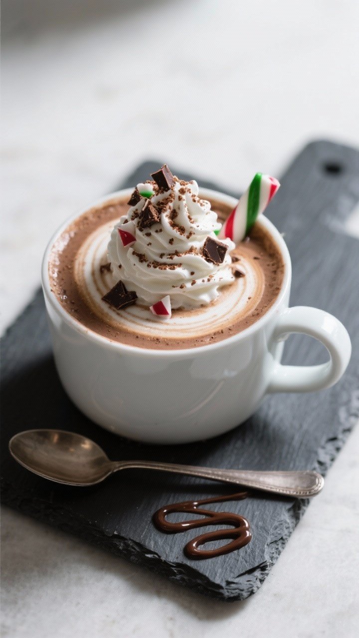 Final dish top-down: Overhead shot of a café-style peppermint mocha finished with a tall spiral of 