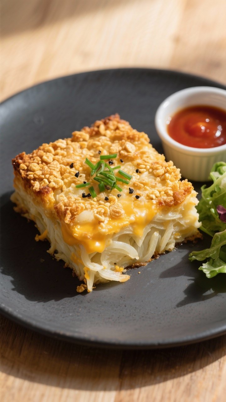 Final plated overhead: A neatly cut square of hashbrown casserole on a matte charcoal plate, top-dow
