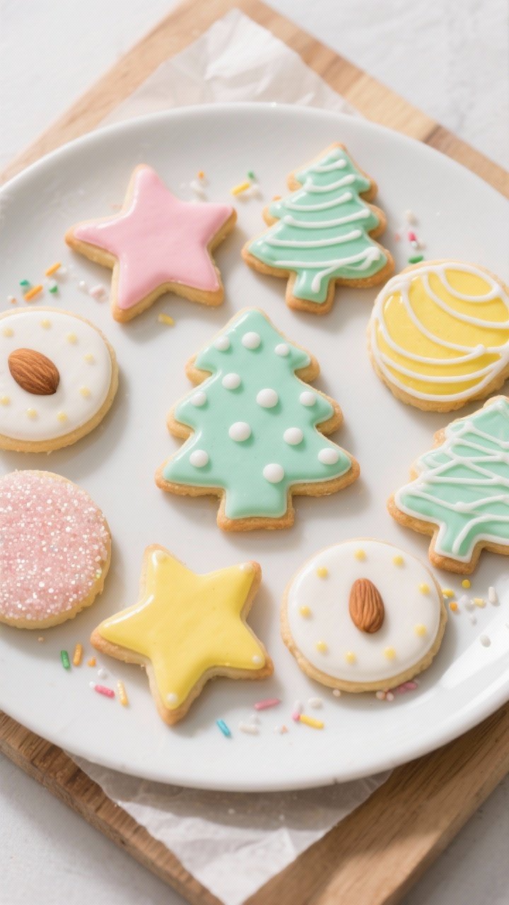 Overhead final presentation: A curated assortment of fully dried, shiny sugar cookies on a matte whi