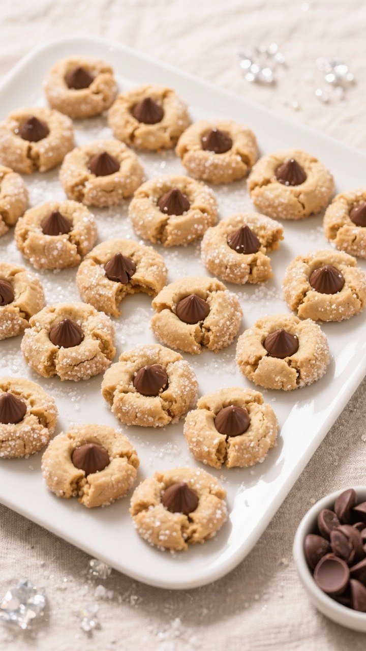 Overhead final presentation: A neat grid of peanut butter blossom cookies (30–36 count feel) on a 
