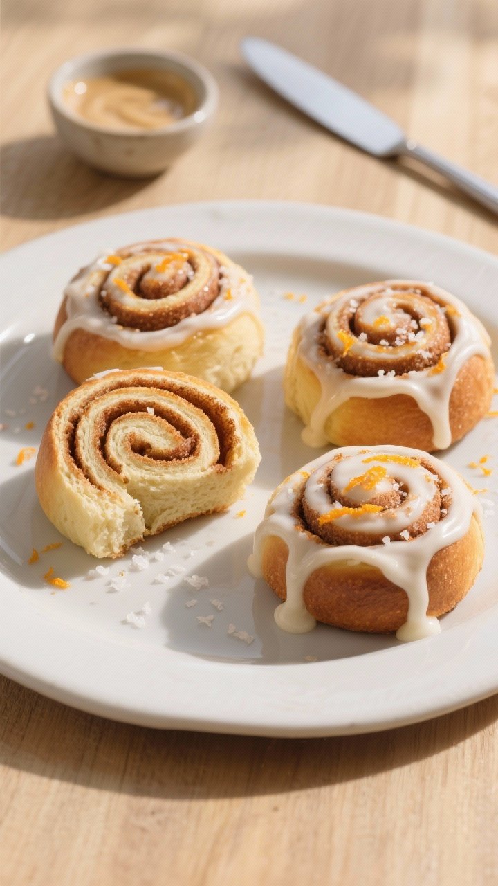 Overhead final presentation of 3 cinnamon rolls on a matte white plate, one roll split to reveal sof