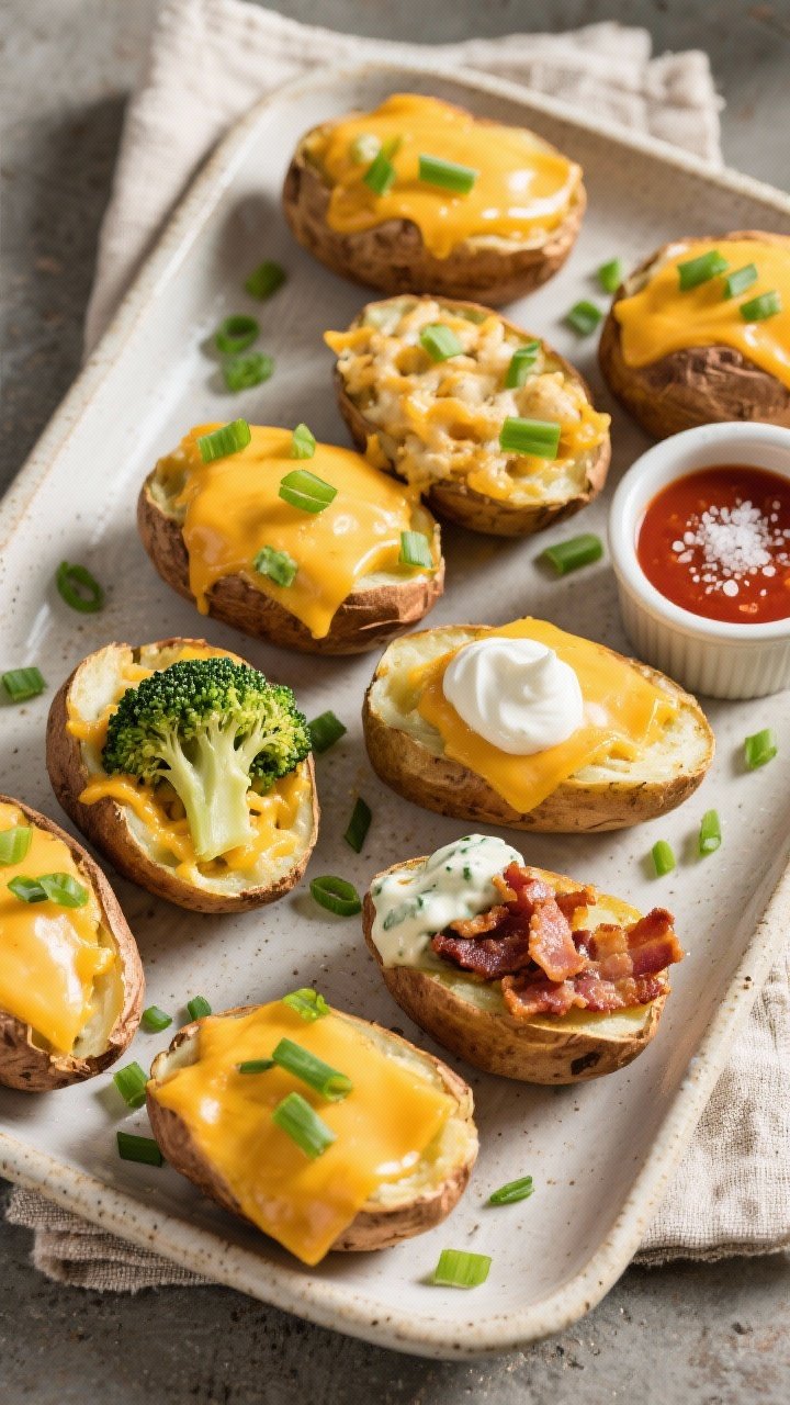 Overhead final presentation of a platter of twice baked potatoes on a neutral stoneware tray, neatly
