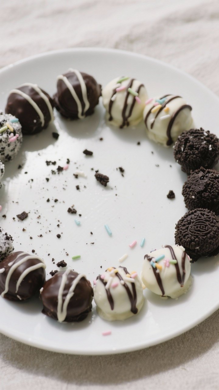 Overhead final presentation of an assorted platter of Oreo Balls, neatly arranged in a circular patt