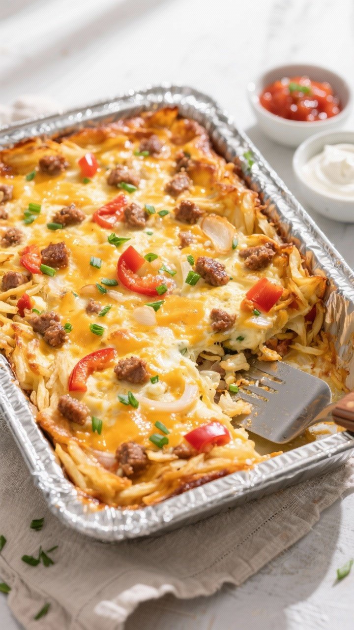 Overhead shot of a freshly baked breakfast casserole with hashbrowns in a 9x13 dish, foil just remov