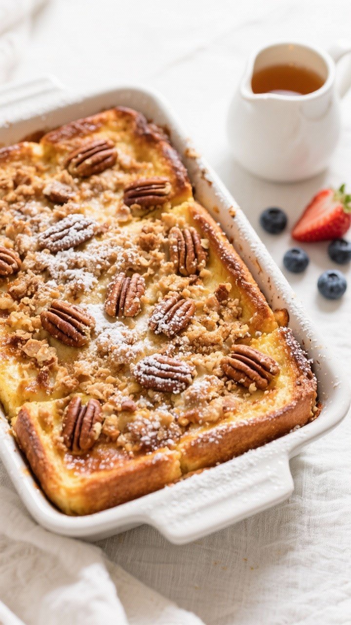 Overhead shot of a freshly baked Overnight French Toast Casserole just out of the oven in a 9x13 dis