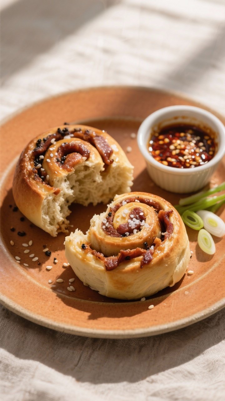 Overhead “tasty top view” of a plated serving: two Savory Miso & Bacon Cinnamon Rolls on a warm-