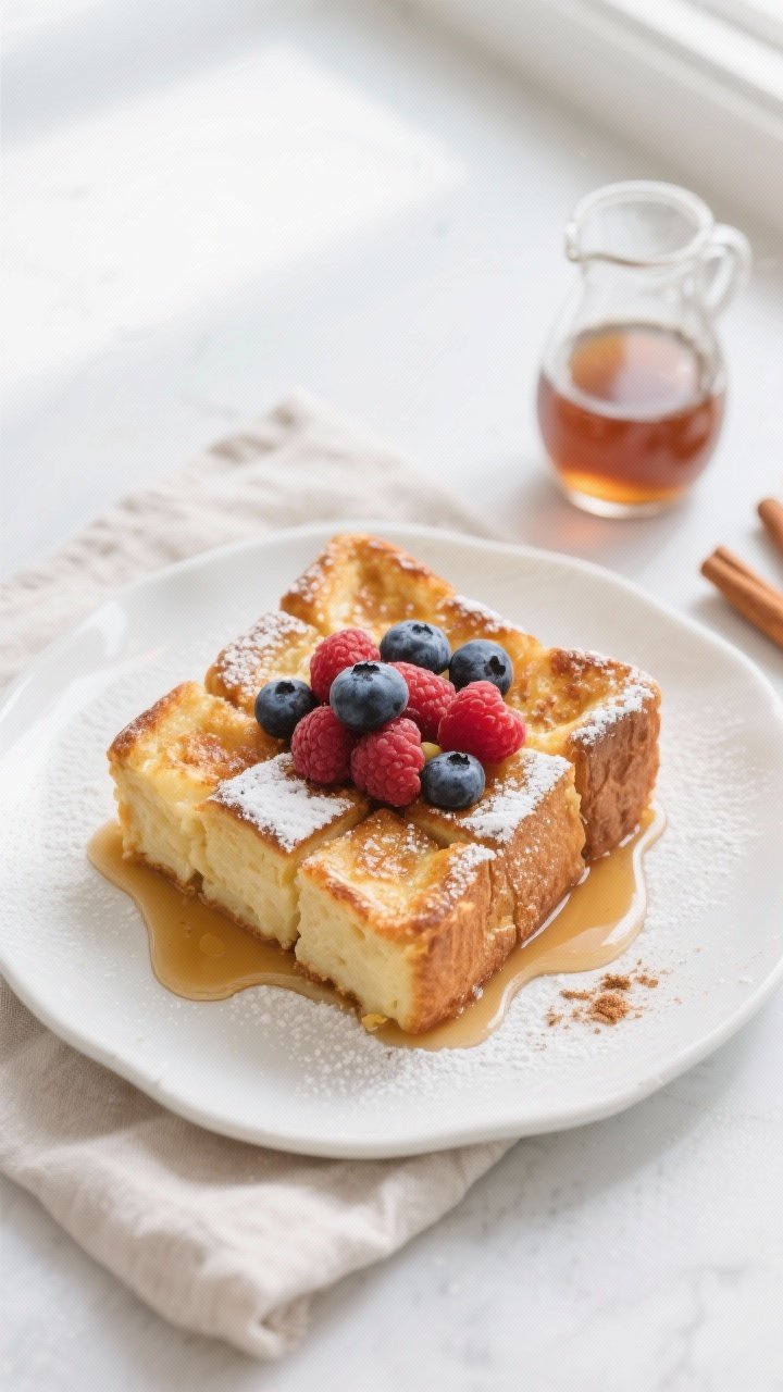 Tasty top view, final presentation: Overhead shot of a neatly sliced square of French toast casserol