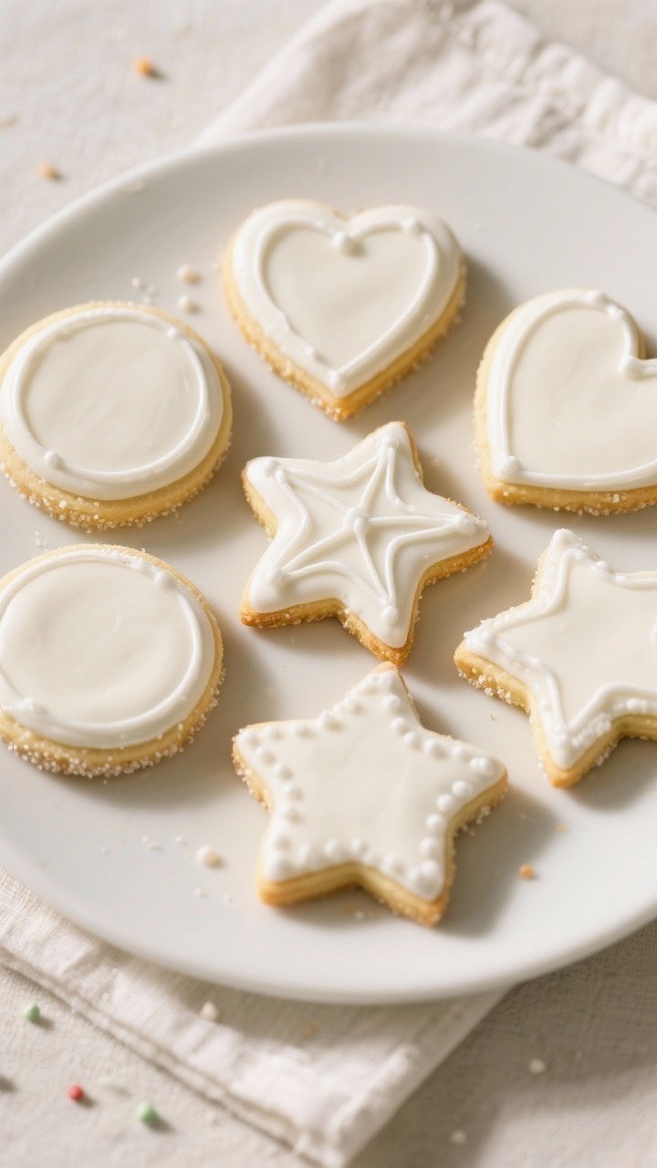 Tasty top view / final presentation: Overhead shot of iced sugar cookies in assorted clean shapes (s