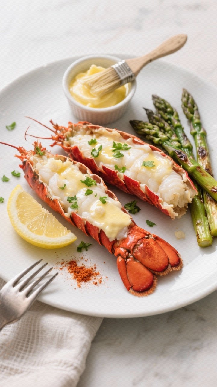 Tasty top view: Overhead shot of the final plated butter garlic lobster tails—two tails on a matte