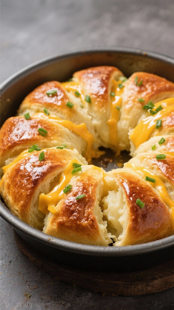 Straight-on shot of a round pan of pull-apart cheddar and chive potato rolls: deeply golden, shiny tops brushed with butter; strands of melted cheddar visible at the seams, flecks of fresh chives on the surface; one roll torn open to show fluffy interior enriched with mashed potato.