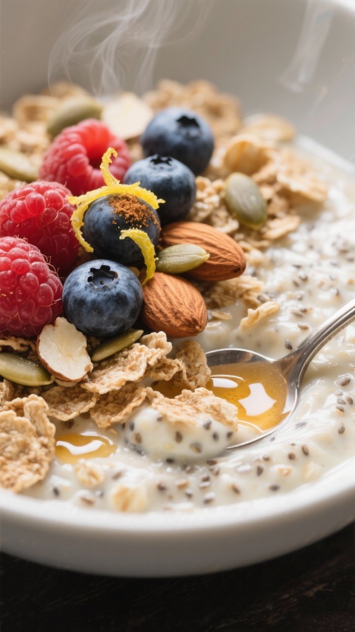 Close-up detail of the final plated bowl with layered textures: ultra-creamy oat base with visible c