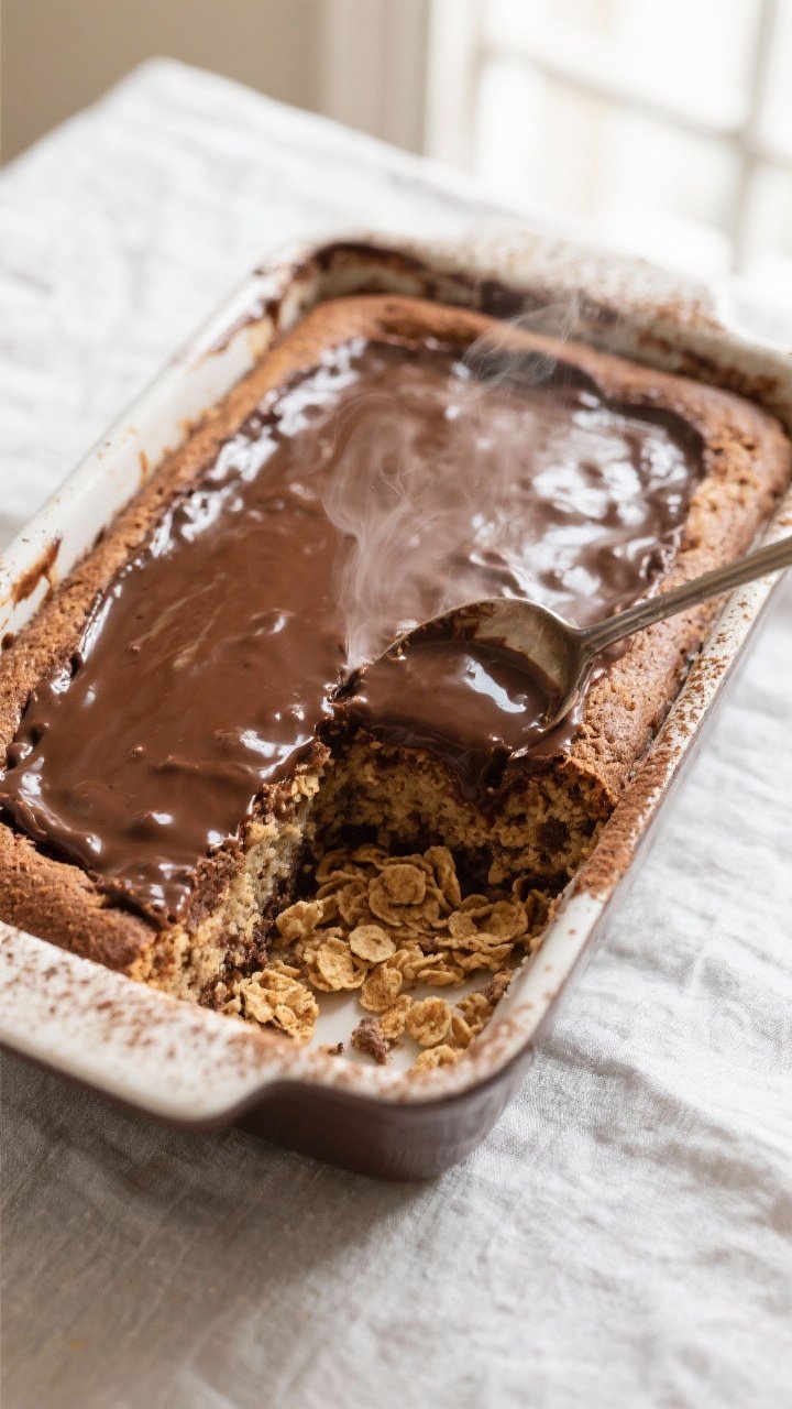 Overhead shot of the freshly baked Magic Weet-Bix Pudding Cake just out of the oven in a 9x13 cerami
