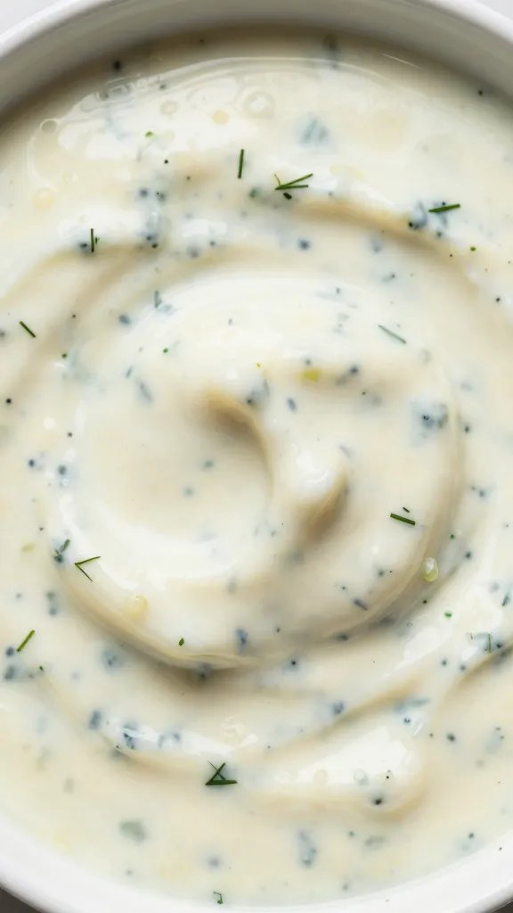 closeup of a bowl of pickle dip with visible chopped dill and specks of pickle juice