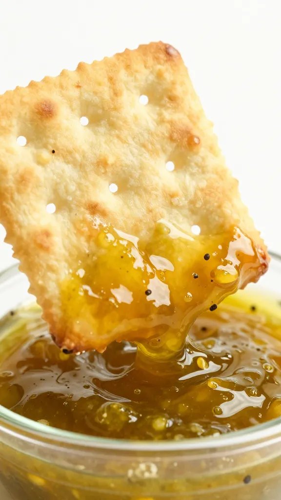 closeup of a single cracker dipped into pickle dip, briny texture on the surface