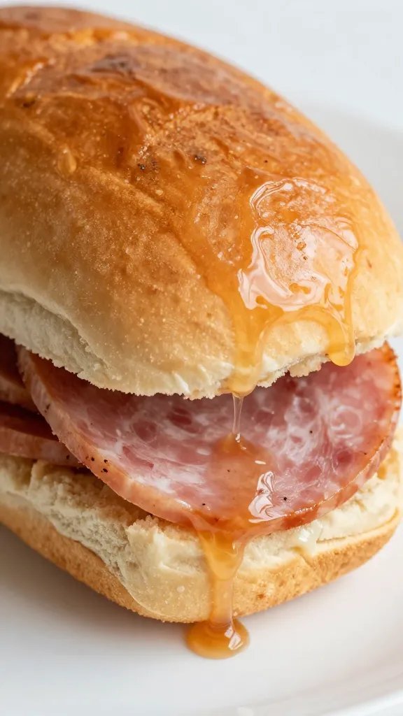 closeup of a glossy ham slider bite with glaze dripping