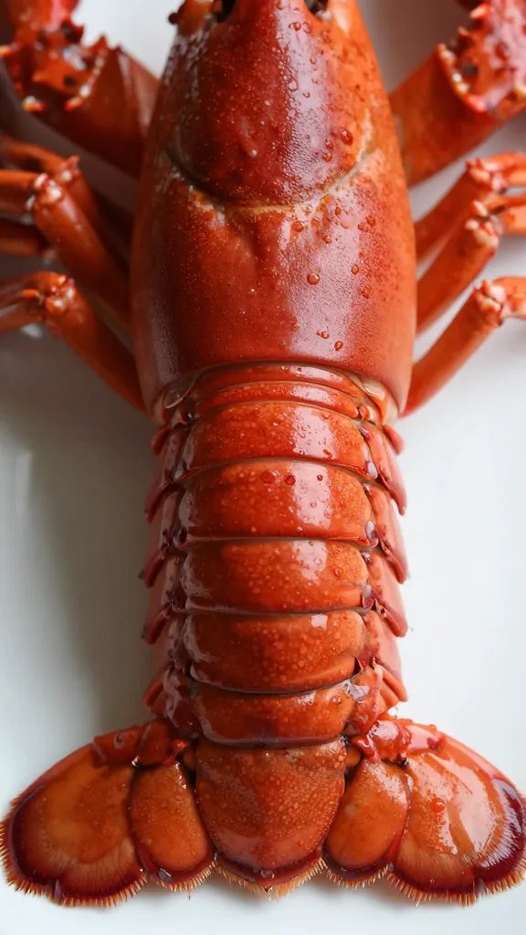 closeup raw lobster tail half, glossy shell, subtle steam