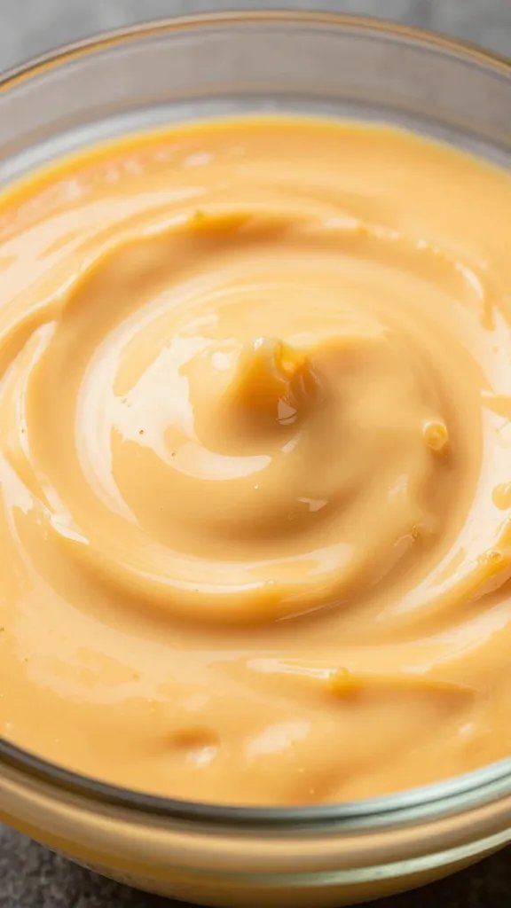 closeup of smoked queso dip in glass bowl with glossy surface