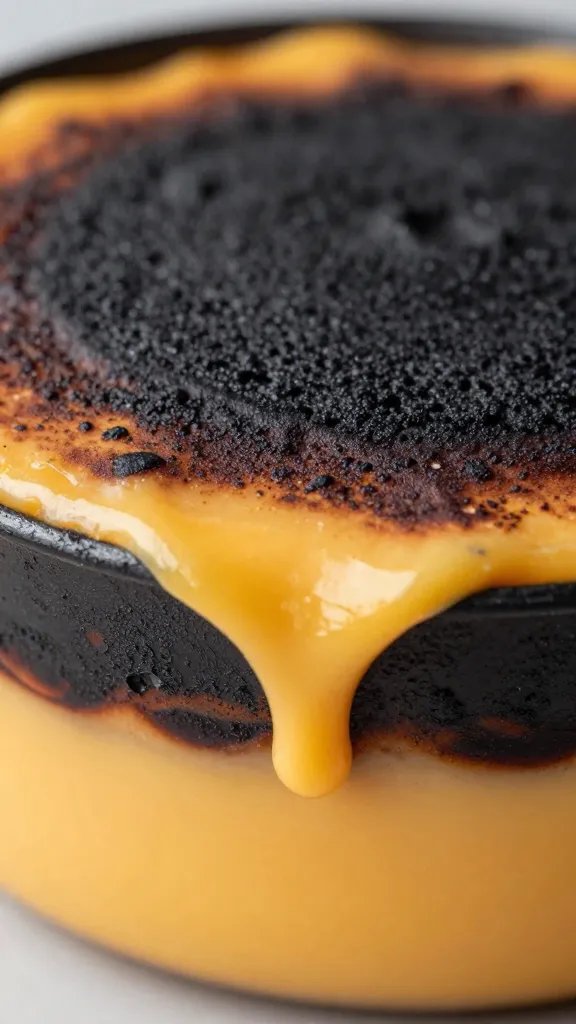 closeup of melted smoked queso edge on charred container layer
