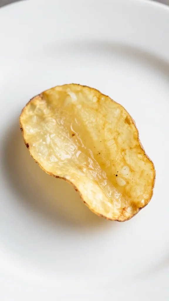 Close-up of a single crispy potato skin on a white plate