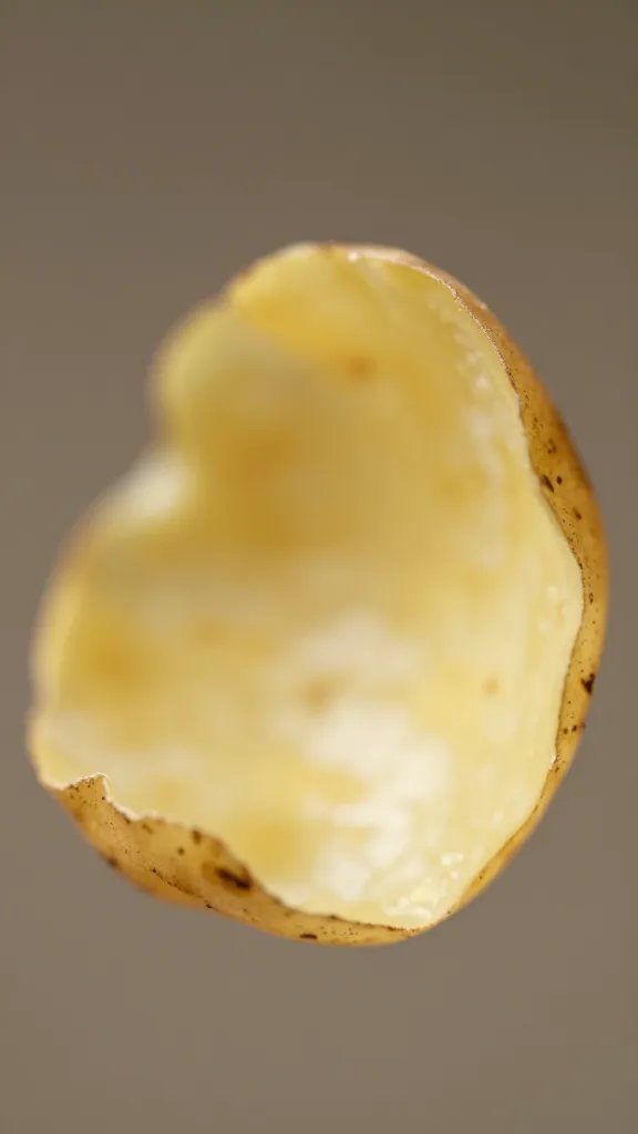 Extreme macro of a solitary potato skin with golden brown edges