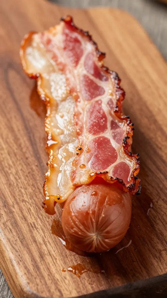 Closeup of a single bacon-wrapped smokie on a glossy wooden board