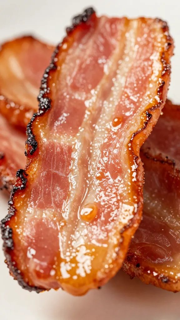 Extreme macro of glistening bacon-wrapped smokie with caramelized glaze