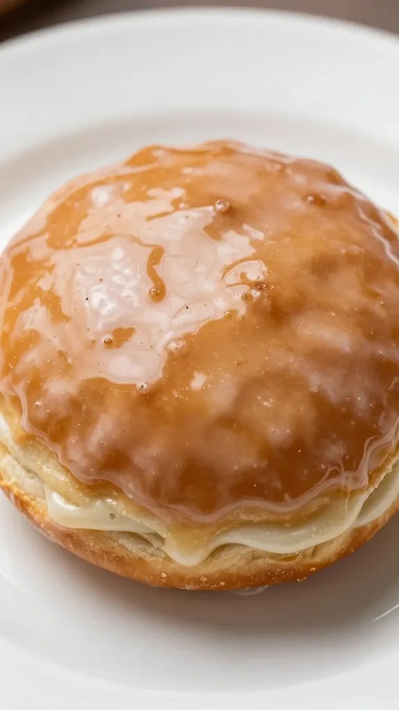 Closeup of a single paczki with glossy glaze on white plate