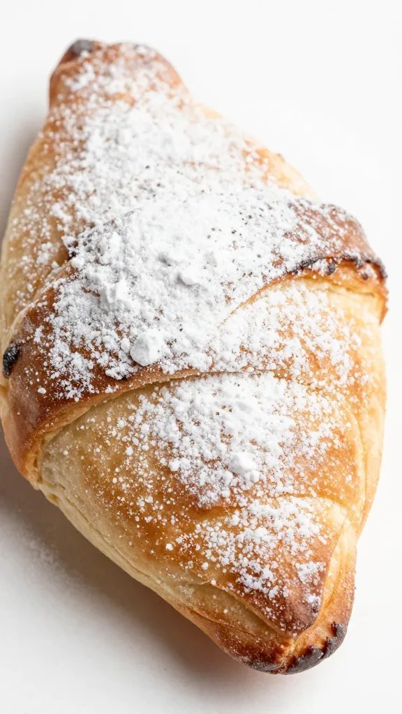 Closeup of a single filled paczki dusted with powdered sugar