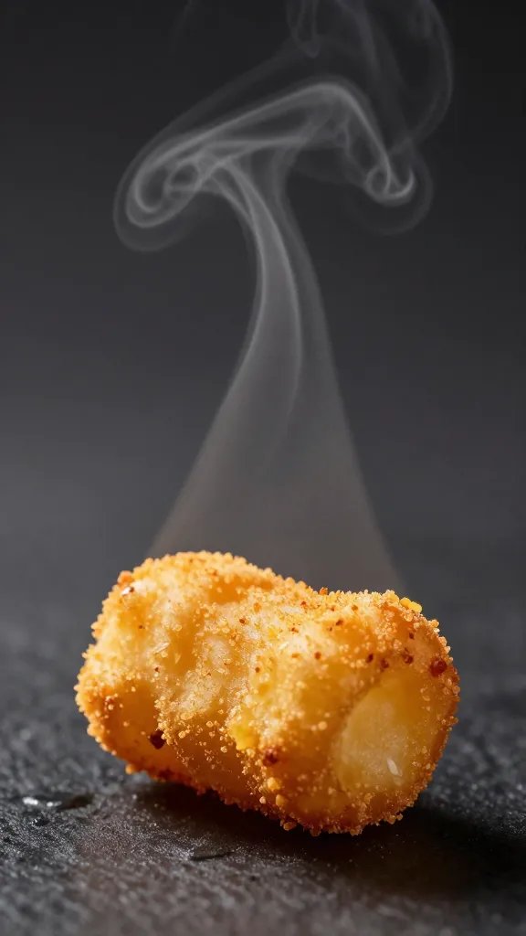 focused shot of one crisp tater tot, steam highlight, plain dark background