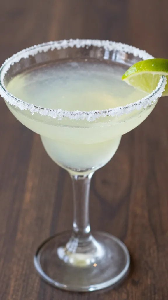closeup of a single margarita glass with salt rim and lime wedge