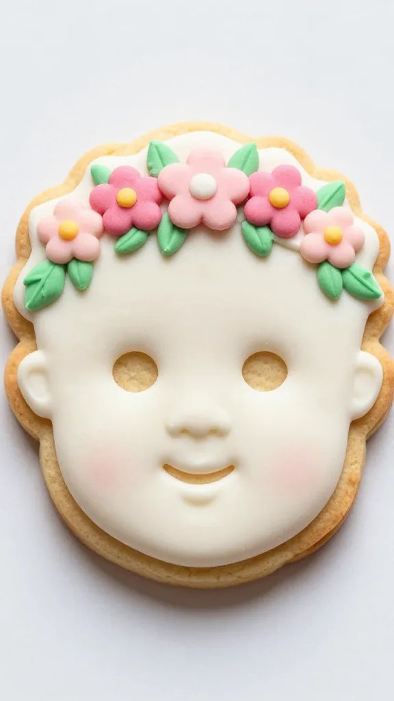 Closeup of a single Baby in Bloom cookie with floral crown