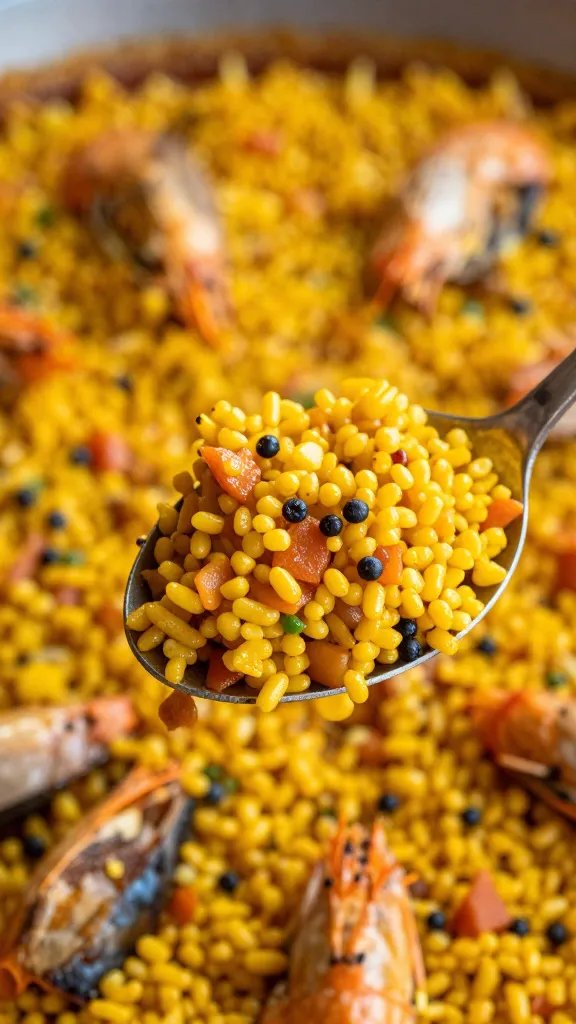 closeup of a single delicious-looking spoonful of paella