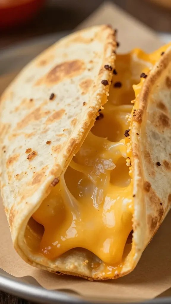 closeup of a single Del Taco quesadilla cheese stretchDrama