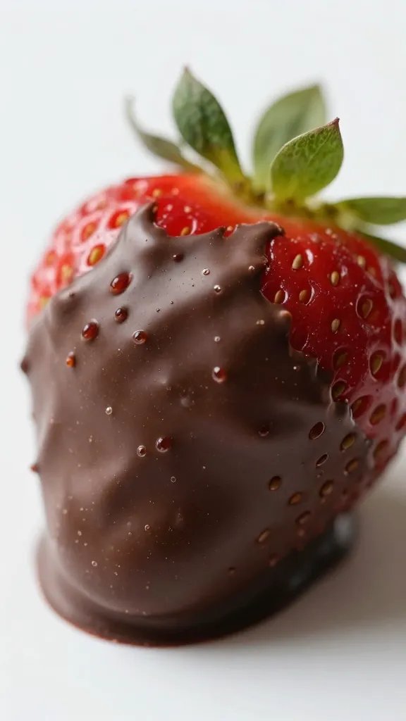 macro shot of one glossy dark chocolate-covered strawberry with splash of light fade