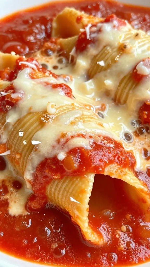 closeup of a manicotti shell bathed in bubbling tomato sauce cheese on top