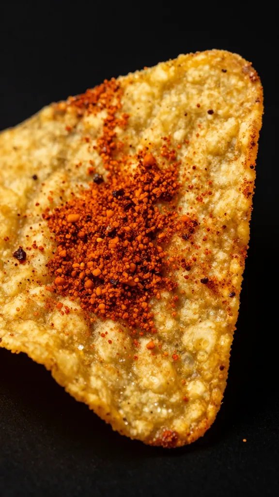 closeup of a single seasoned nacho chip with bold chili powder dust on black background