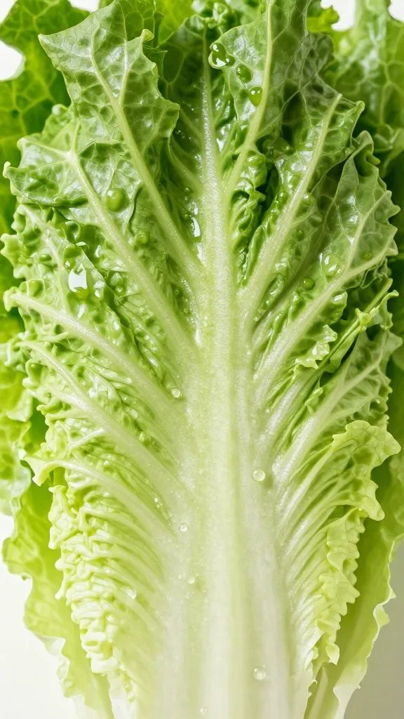 Closeup: crisp romaine leaf with visible dressing drizzle