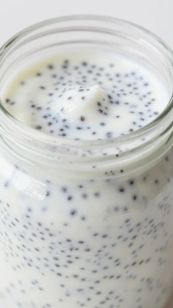 closeup of chia pudding with yogurt in glass jar, creamy jiggle, grainy chia visible