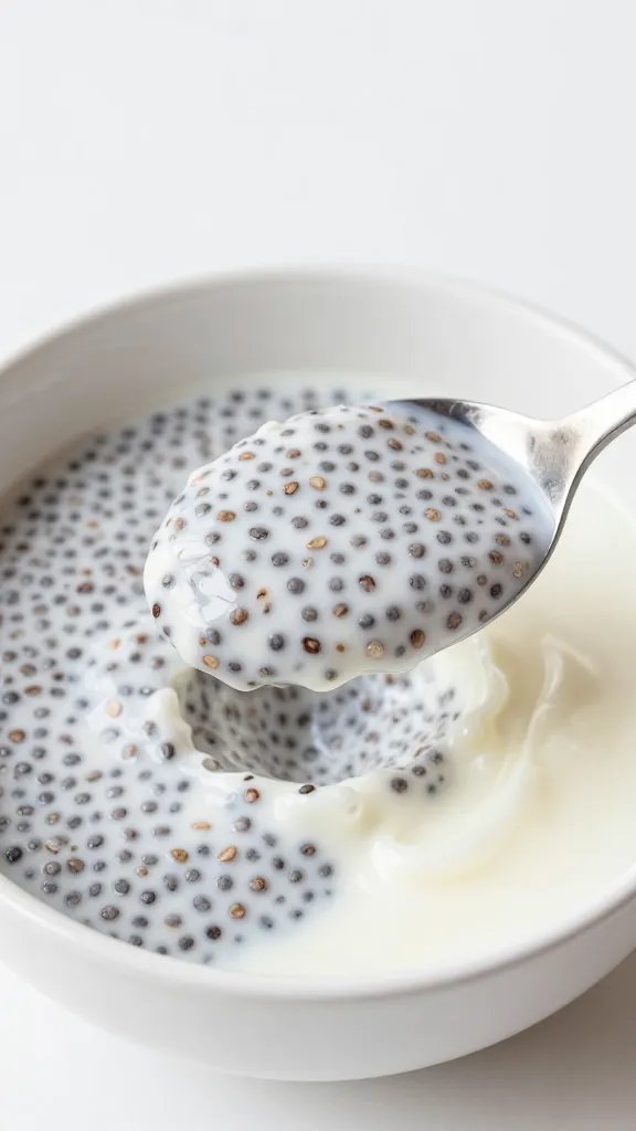 closeup of spoon scooping yogurt-chia pudding in white bowl, tart tang, minimal backdrop