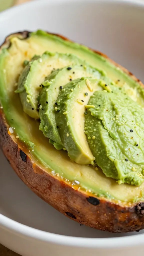 Closeup of a single avocado-topped sweet potato bowl, macro shot